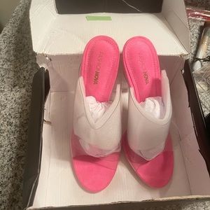 pink & clear fashion nova backless heels